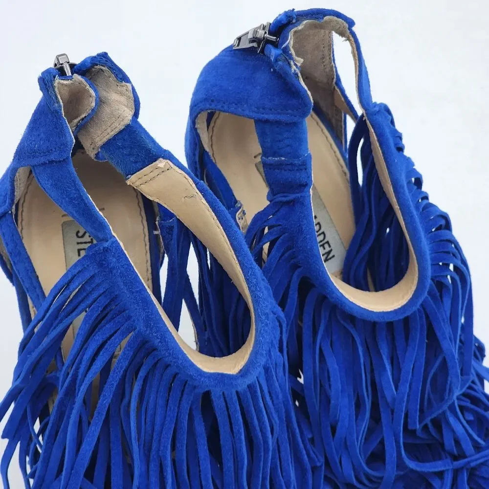 Steve Madden Fringly Funky Fringe Suede Pump Heels Boho Glam Royal Blue Size 9